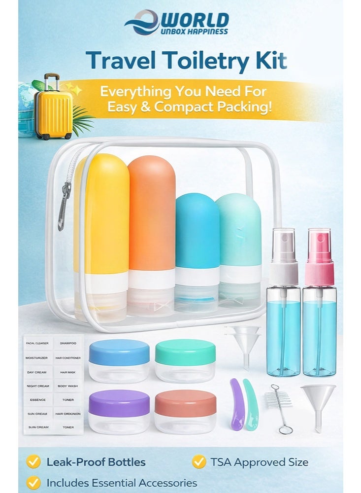 إي وورلد مجموعة زجاجات سفر 16 قطعة لمستحضرات التجميل | عبوات قابلة لإعادة التعبئة ومضادة للتسرب للشامبو، البلسم، اللوشن والسوائل | مجموعة سفر ملونة مع حقيبة - Image 1